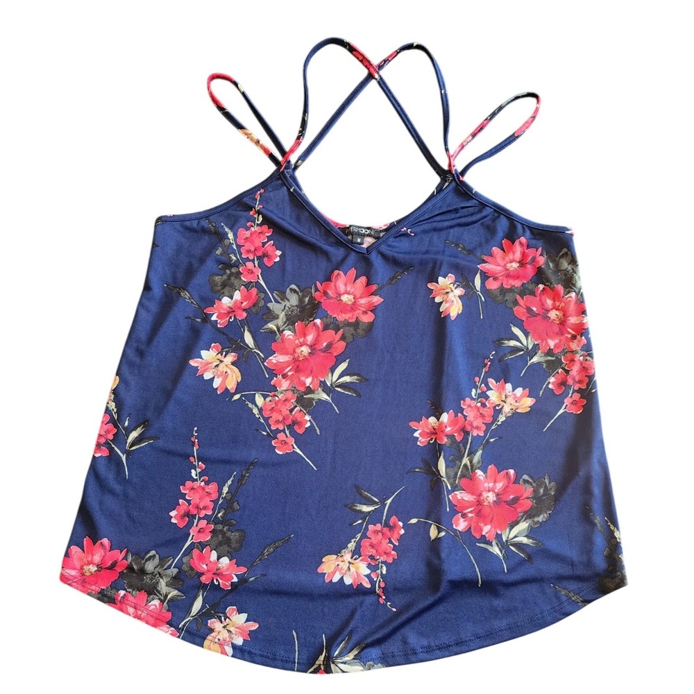 Papermoon Women Cami Tank Top Navy Blue Floral Crisscross Straps Size M